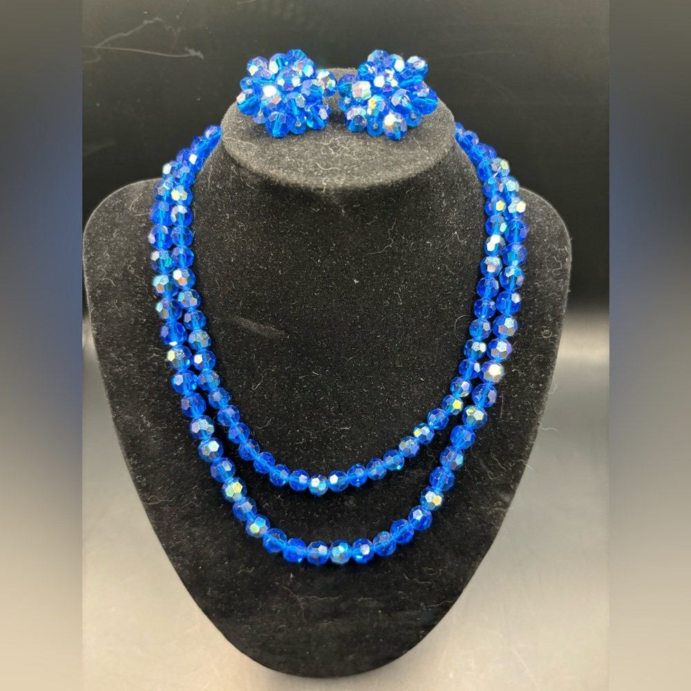 Vintage Blue Crystal Bead Double-Strand Necklace and clip Earrings Set